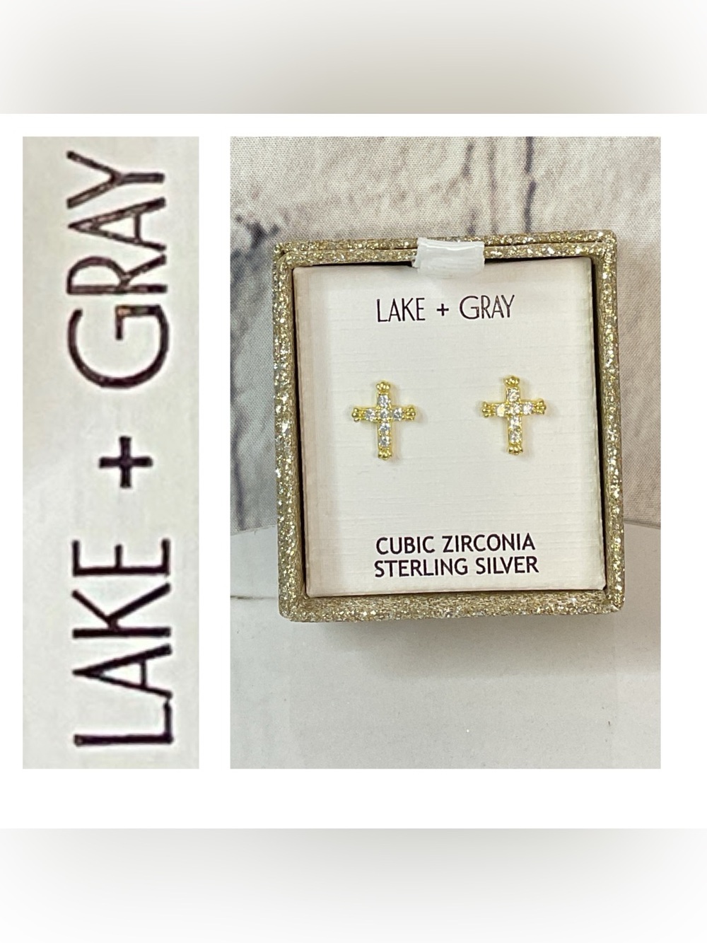 🌟🌟 Lake + Gray Gold-Tone Cross Stud Earrings with Cubic Zirconia